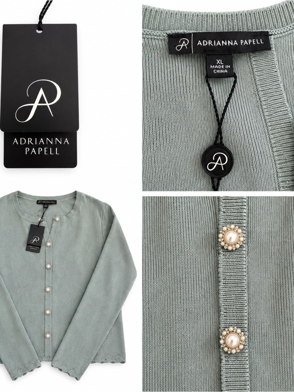 Adrianna Papell Sage Green Pearl-Button Crew Cardigan